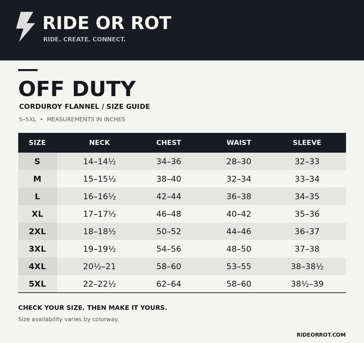 Ride or Rot Off Duty corduroy flannel size guide — S to 5XL, inches