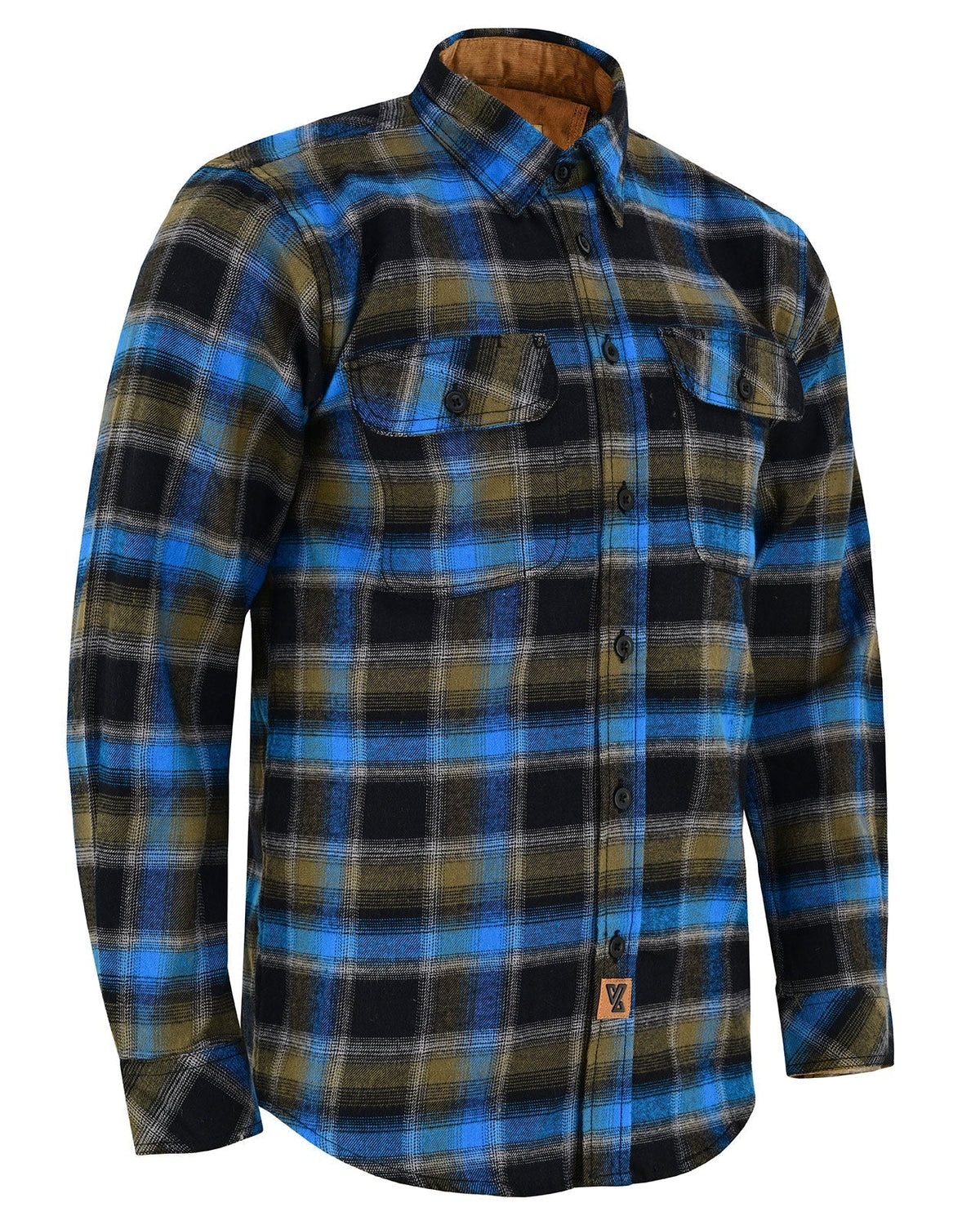 Off Duty Corduroy Flannel — Plaid River — sleeves-down view 1