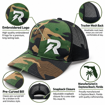 RideorRot ⚡️R-Type  Woodland Camo Snapback | Premium Motorcycle Trucker Hat
