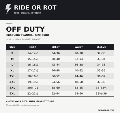 Ride or Rot Off Duty corduroy flannel size guide — S to 5XL, inches