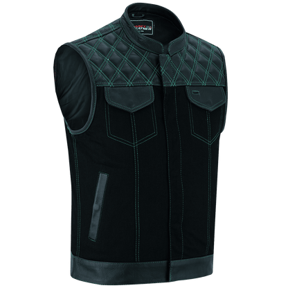 Hardline Denim & Leather Vest — Green Stitch — product view 1