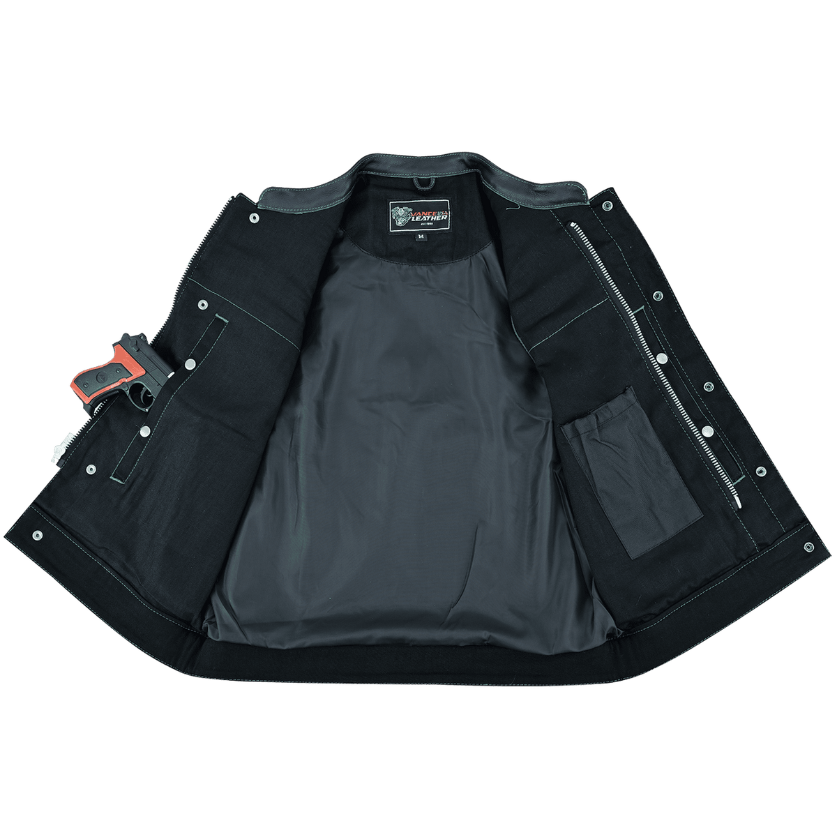 Hardline Denim & Leather Vest — Green Stitch — product view 3